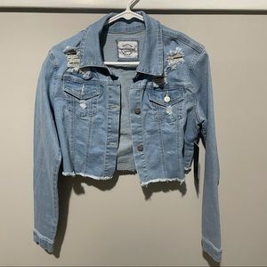 Cropped Light Blue Jean Jacket / Distressed / Bedazzled